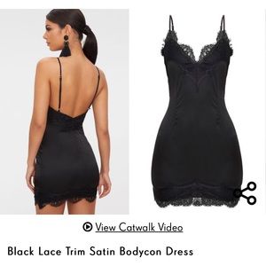 black lace trim satin bodycon dress